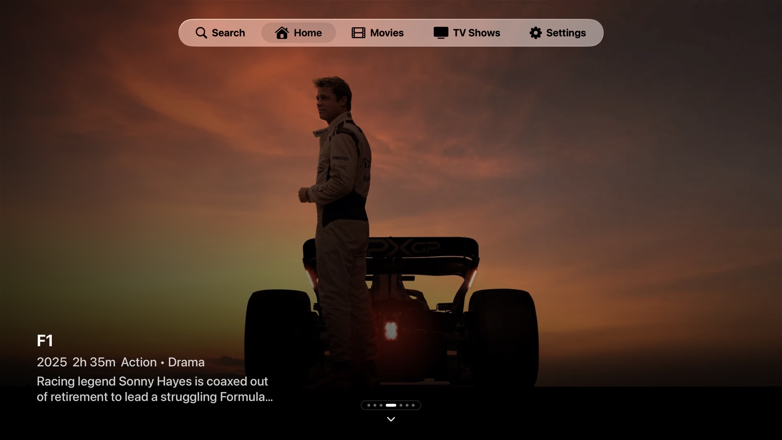 Playfyn home screen on Apple TV, with the top navigation bar over a full-screen featured title.
