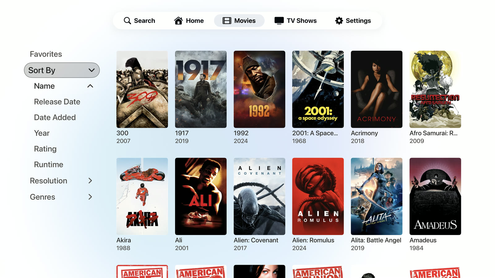 Playfyn movie library in light mode: a grid of poster artwork beside an open Sort By menu with name, release date, year, rating, and runtime options.