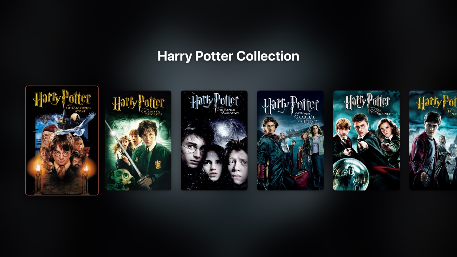 Playfyn collection view presenting a film series as a row of poster artwork, the first one in focus.