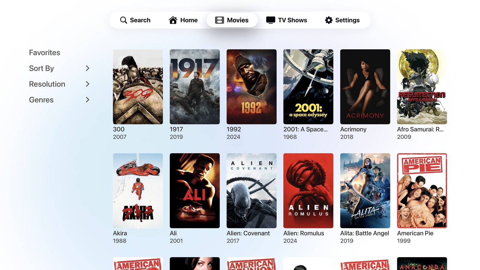 Playfyn movie library in light mode, a grid of poster artwork with genre and sort filters.