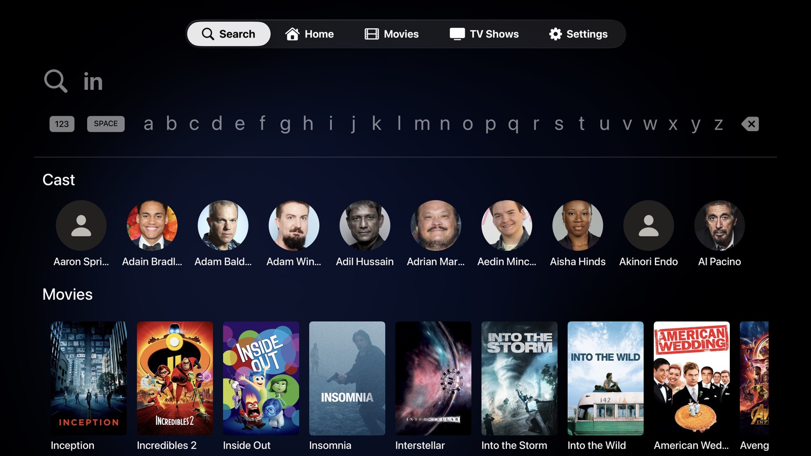 Playfyn search screen with an on-screen keyboard, cast members, and matching films.